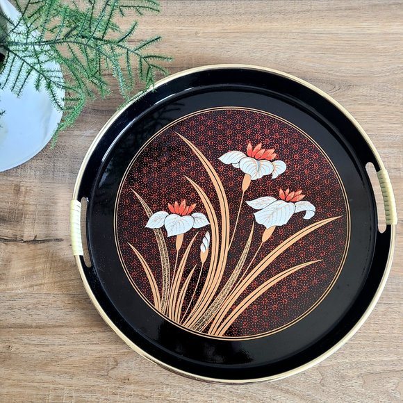 Round Gold Black White Red Colors Serving Tray. Art Deco Style. - Picture 1 of 7